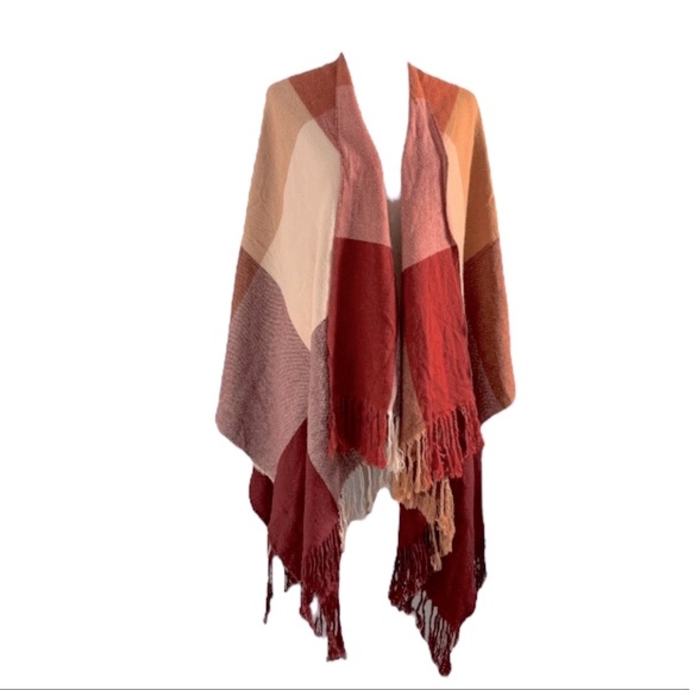 Siizu Causebox Scarf Wrap Poncho Cranberry Colorblock Outdoor Layering Cabincore